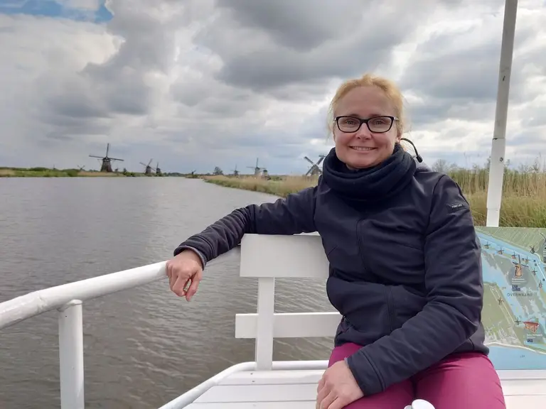 Historic windmills beside the water at Kinderdijk