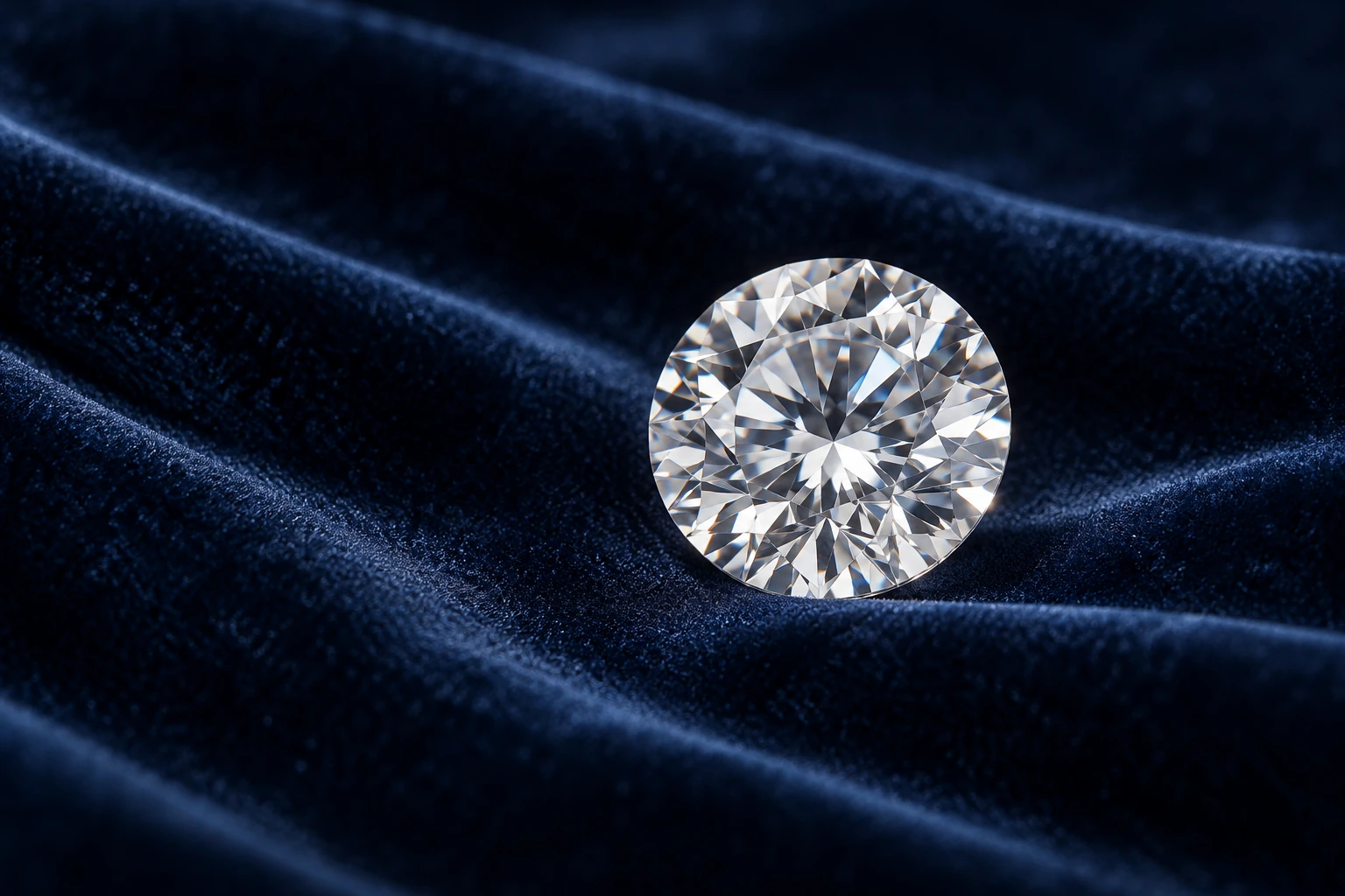 A polished diamond on deep blue velvet